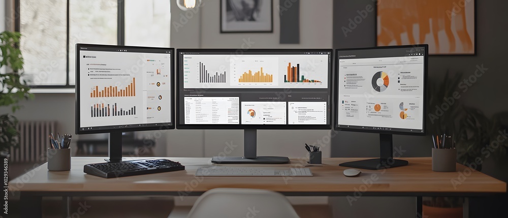 Poster modern office workspace featuring three monitors displaying data analytics and charts for effective 