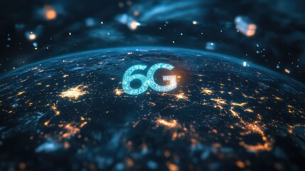 Global connectivity theme with satellite signals forming the 6G symbol