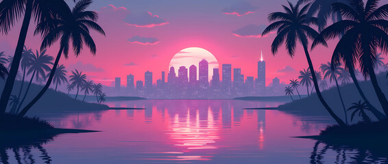 Sonnenuntergang über Miami mit Palmen im Vordergrund
