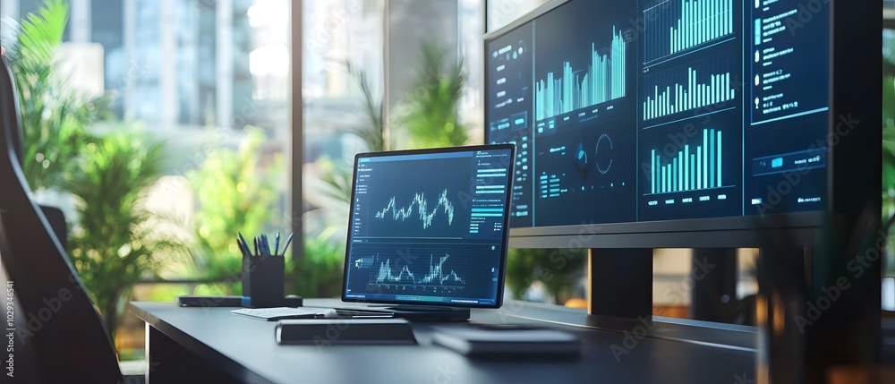 Poster modern workspace featuring multiple screens with data graphs and vibrant greenery, ideal for tech an