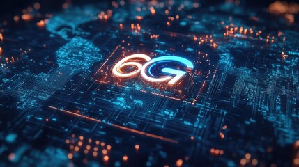 Glowing 6G emblem integrated into a world map of digital connectivity