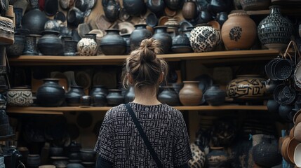 Captivated by the artistry a person explores a beautiful collection of handmade pottery