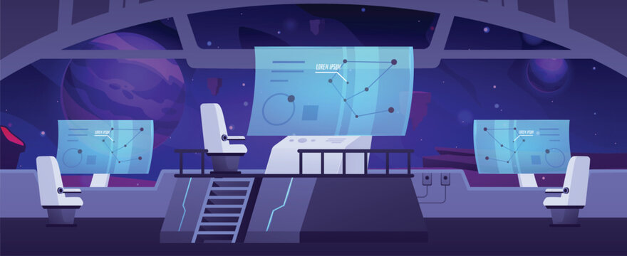 Spaceship interior of captains bridge, vector command station, radar screens, navigation panel, computer control center