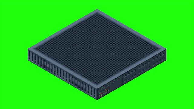 Isometric server animation. Server racks. Server boxes isolated. Network server room. Computer network technology. 4K video animated in isometric style