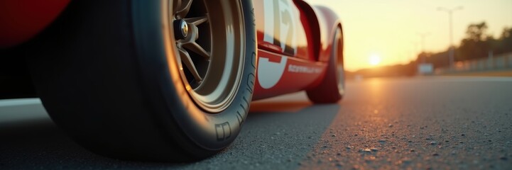 Fototapeta premium Close-up of a NASCAR racing tire on the track during sunset, capturing the thrill and speed of motorsports. Perfect for automotive, racing, and sports marketing.