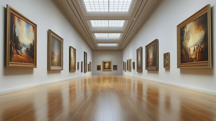 A spacious art gallery showcasing a collection of classic paintings, featuring elegant frames and polished wooden floors.