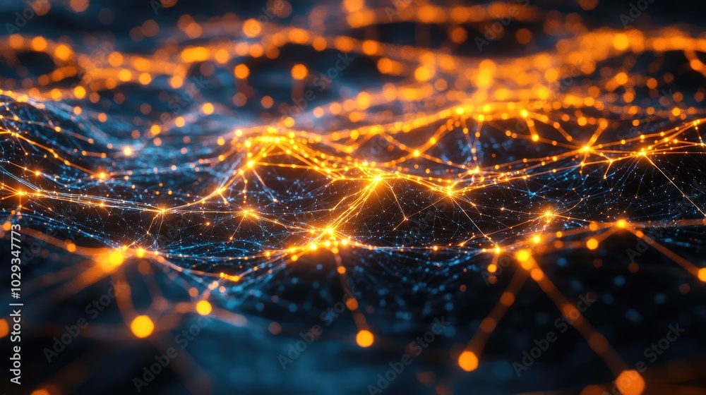 Poster glowing nodes linked by dynamic lines, symbolizing the rapid advancement of digital connectivity.