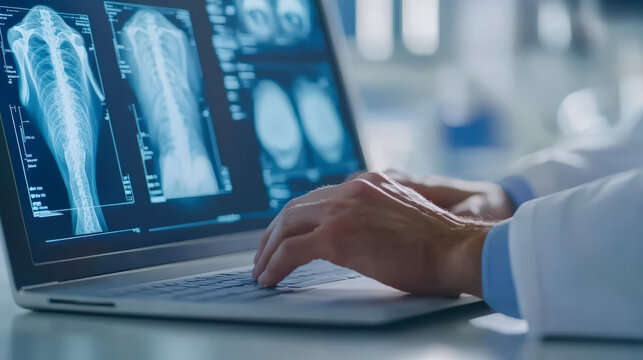 A doctor is examining digital X-ray images of a leg on a laptop, focusing on analyzing the bone structure for medical assessment.