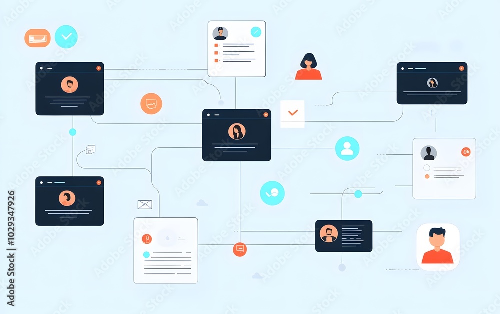 Poster Visual representation of data flow and communication in a digital network. Icons represent users and interactions with profiles.