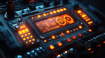Obraz premium A futuristic control panel with glowing orange displays and buttons, suggesting advanced technology.
