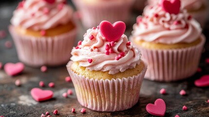 Deliciously decorated Valentine's Day cupcakes with romantic themes on a rustic wooden table