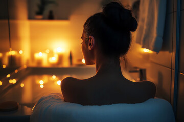 A woman practicing a bedtime skincare routine before sleep, cozy bathroom with warm lighting, preparing for a restful night.