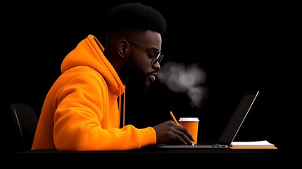 Night Owl Coder: Focused young African American man in orange hoodie working late on laptop, coffee steaming beside him.  A study in concentration and dedication.