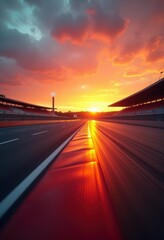 Obraz premium A stunning sunset over a NASCAR racetrack, showcasing vibrant colors reflecting on the asphalt, perfect for motorsport and event promotion.