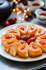 An elegant presentation of Nian Gao sticky rice cakes garnished with dates