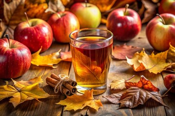 Fresh Apple Cider Surrounded by Autumn Leaves and Apples – Seasonal Nature Photography