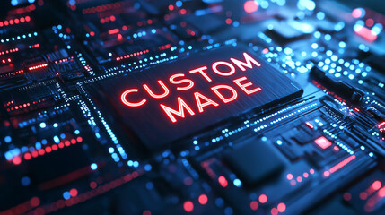 Custom made circuit board with CUSTOM MADE text and futuristic neon lights