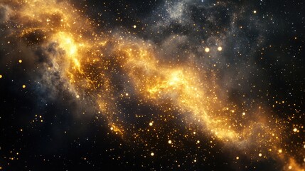 Golden particles drifting through a dark space backdrop, evoking the beauty of distant galaxies