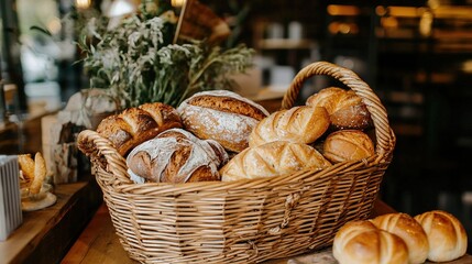   Basket filled with loaves of bread on wooden table, vase of flowers nearby