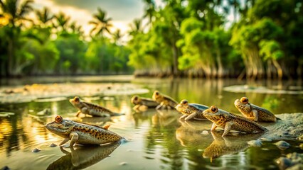 Fototapeta premium Vintage Style Photography of Mudskippers in the Sundarbans Ecosystem