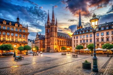 Obraz premium Vintage Style Photography of New Town Hall and Market Church in Wiesbaden's Dernsches Gelaende Square