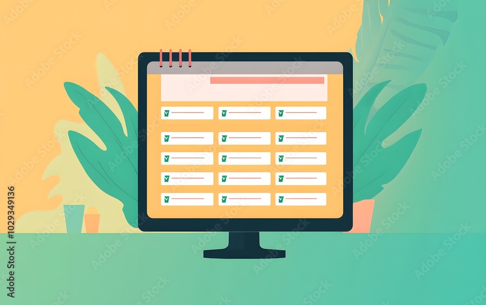 Poster a colorful illustration of a computer monitor displaying a user interface with data input fields, su