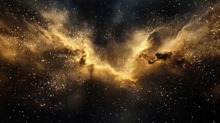 Obraz premium Golden stardust drifting in a deep black void, creating an enchanting and mysterious visual effect