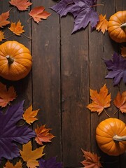 Imagen mockup con tema otoñal. Mesa de madera decorada con hojas y calabazas. Noche de brujas. Otoño © EVF Images