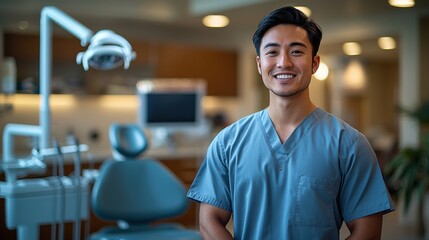 Fototapeta premium A young dental professional smiles confidently in a modern clinic during a daytime consultation