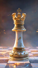 The chess king piece standing proudly on the chessboard, symbolizing power, prestige, and position. The chess king is the most valuable piece in the game, and the chess endgame is synonymous power.