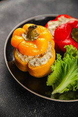 pepper stuffed meat and rice tasty food dish second course Fresh delicious gourmet food background on the table rustic food top view copy space top view