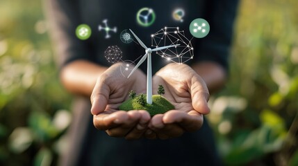 Hands holding a small model of a wind turbine with green energy icons in the background, symbolizing innovation
