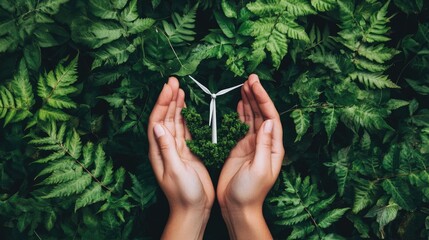 Hands holding a small model of a wind turbine surrounded by fresh, green foliage, symbolizing green technology