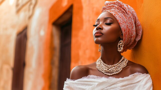 A stunning woman in a Yoruba gele enjoys the warm sunlight exuding elegance and poise