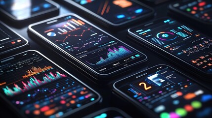 A collection of smartphones displaying vibrant data visualization and analytics on their screens, showcasing modern technology and information analysis.