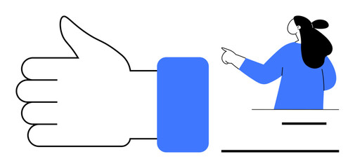 Large hand with a thumbs-up gesture next to a person pointing right. Ideal for approval contexts, positive feedback, social media, teamwork encouragement, and supportive messages. Simple modern lines