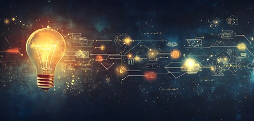 A glowing light bulb symbolizing innovation and creativity amidst a backdrop of abstract digital elements.