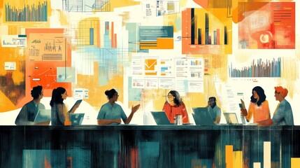 A diverse group of business professionals are meeting around a table to discuss data. 