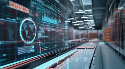 High-tech control center with logistics software displaying shipment and inventory data