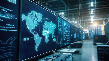 High-tech control center with logistics software displaying shipment and inventory data
