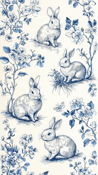  A stunning blue and white wallpaper featuring adorable rabbits frolicking amidst colorful wildflowers, along with a graceful butterfly gracing a prist