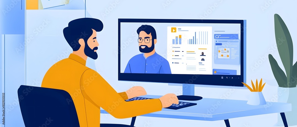 Poster a man analyzing data on a computer screen, showcasing graphs and statistics in a modern workspace se