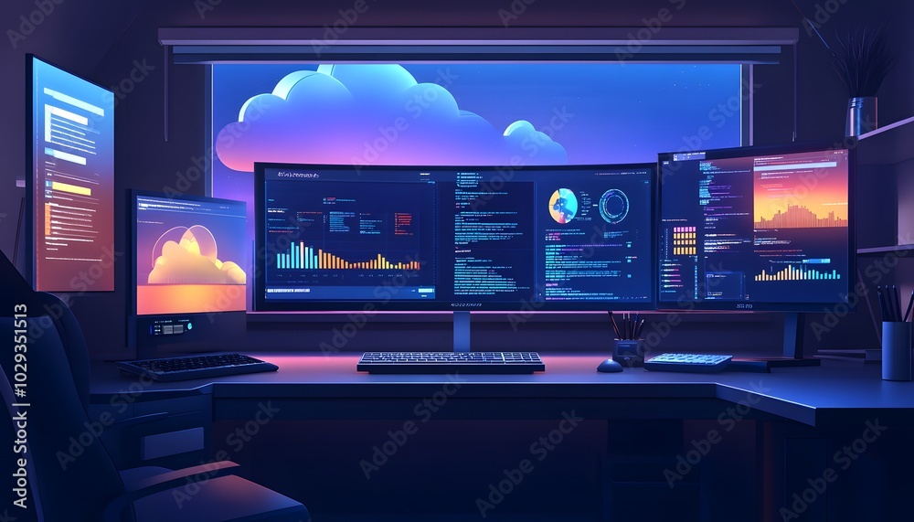 Poster a modern workspace showcasing multiple monitors with data analytics, set against a tranquil twilight