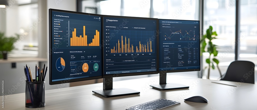 Poster a modern workspace featuring three monitors displaying data analytics and business statistics in a b