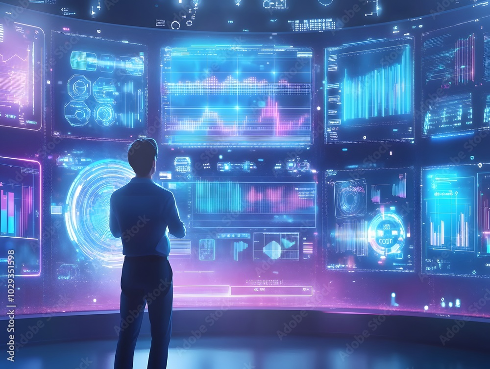 Poster a person analyzing data on multiple digital screens displaying vibrant graphs and statistics in a fu