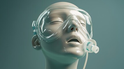 A serene mannequin wearing a clear oxygen mask, suggesting themes of health, tranquility, and artificial intelligence in medical settings.