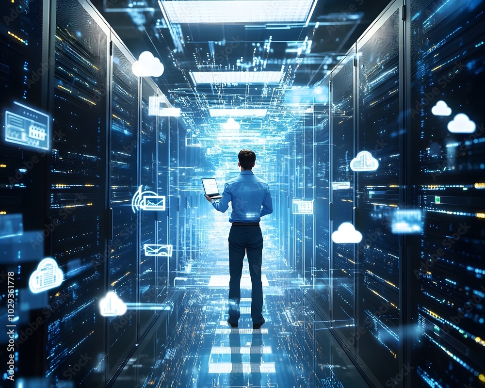 Poster a professional analyzing data in a futuristic server room filled with technology and cloud computing
