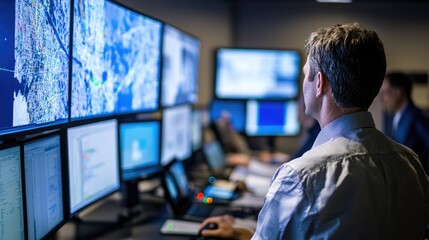 High-tech operations center with logistics professionals using advanced tools to optimize supply chain management