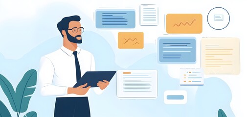 A professional man analyzes data on a tablet, surrounded by documents and charts, illustrating modern business strategies.