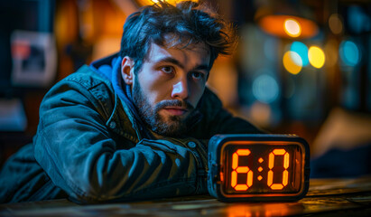 A young man watches the clock at a cozy cafe In a warm cafe setting, a young man rests his head on his arms, staring at an illuminated clock showing six o'clock.